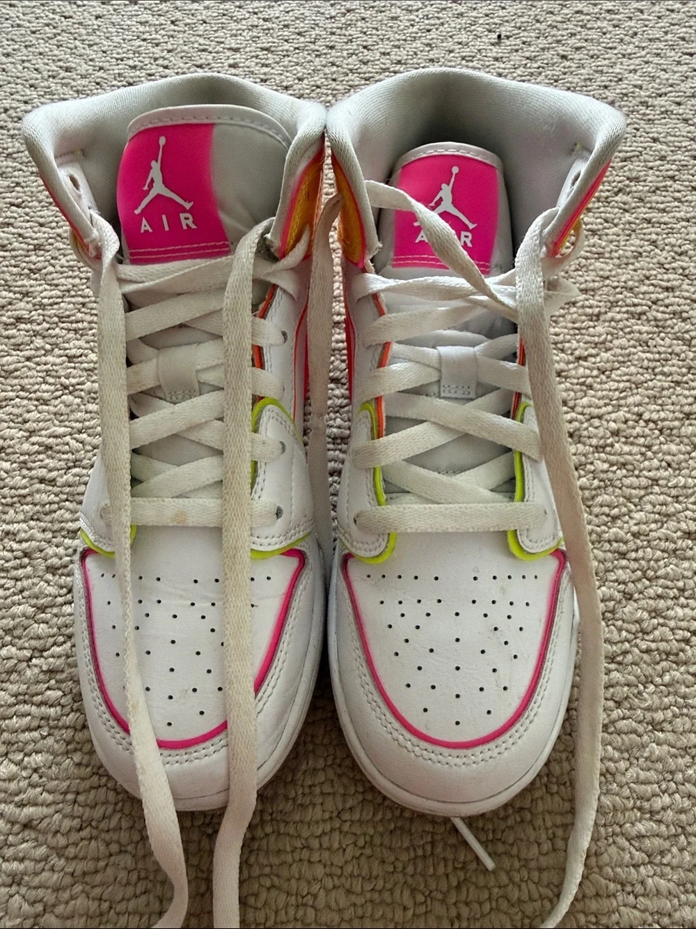 Jordan Kids White Sneakers with Neon Pink, Orange & Yellow Accents